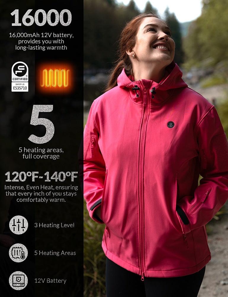 Women's heated winter jacket, water-resistant soft shell coat with hood in solid dark color — view 3