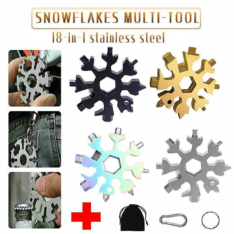 18-in-1 stainless steel snowflake multi-tool keychain with wrenches and bottle opener