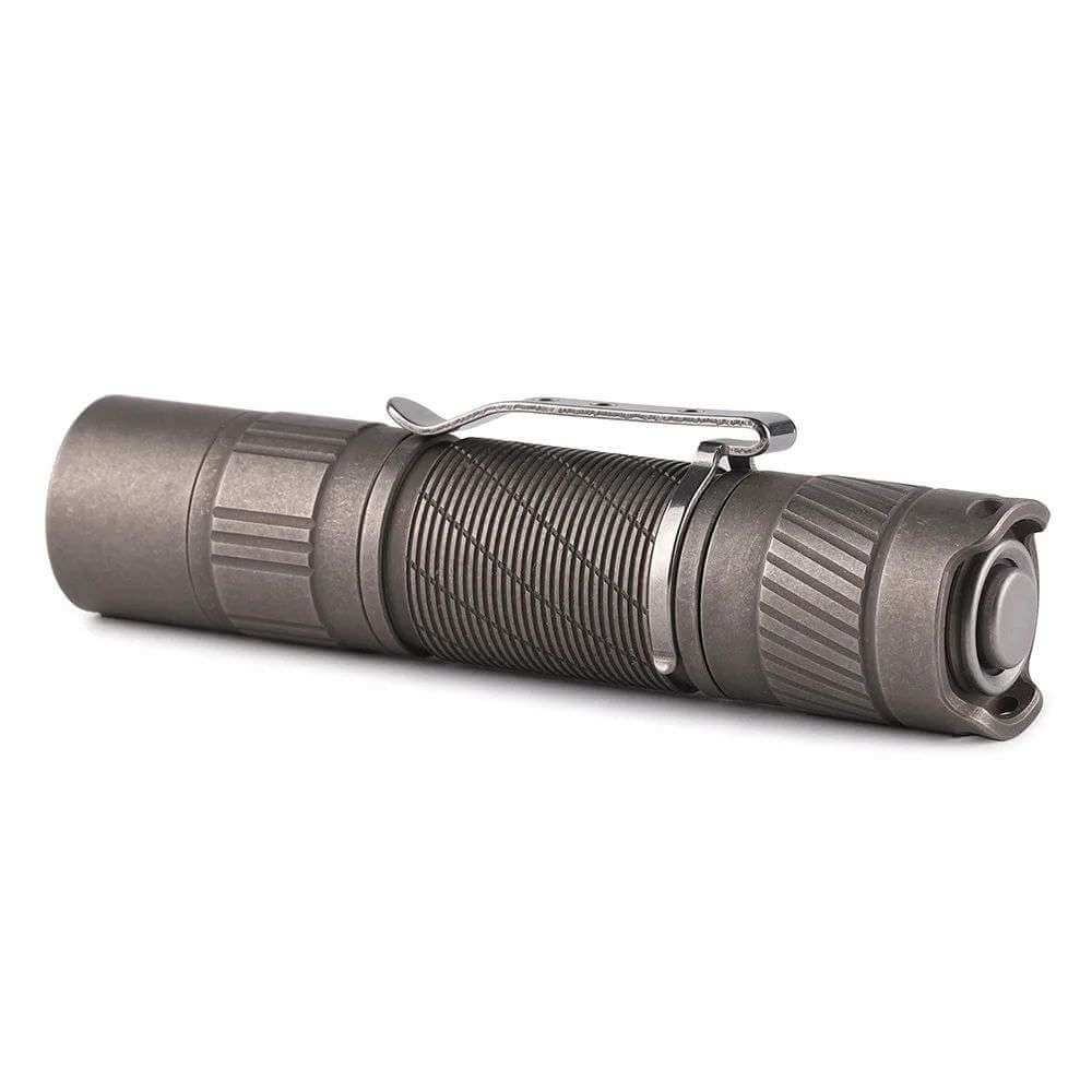 Compact Convoy T3 Ti titanium EDC flashlight with metal pocket clip and lanyard — view 4