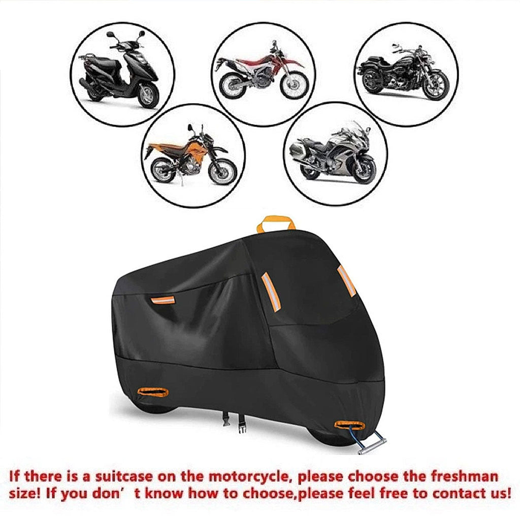 Black waterproof motorcycle cover over a bike featuring reflective safety strips and secure windproof straps — view 4