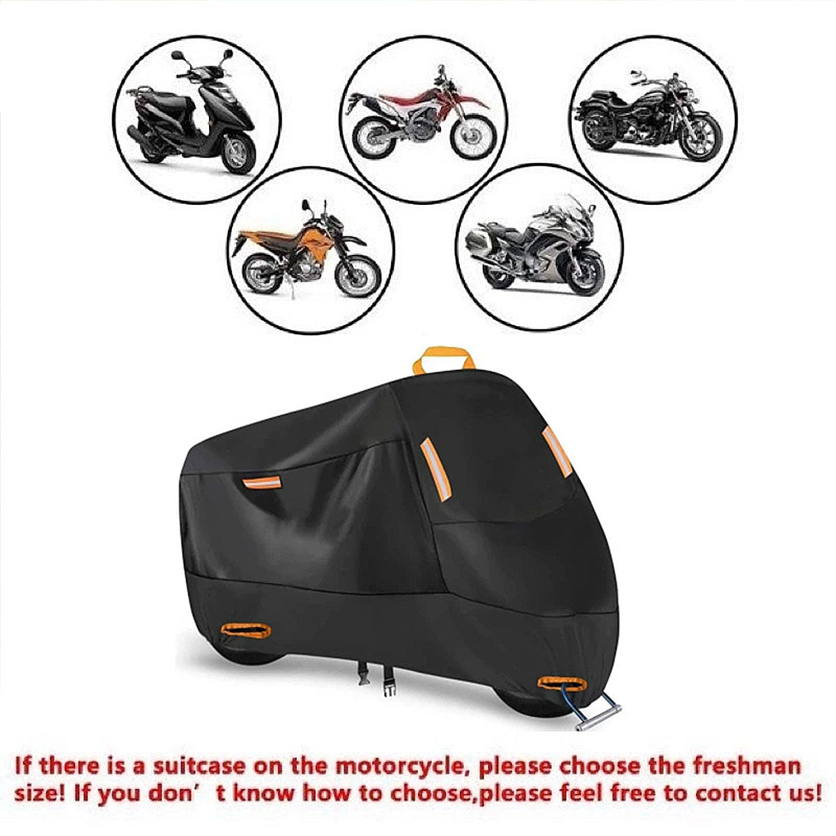 Black waterproof motorcycle cover over a bike featuring reflective safety strips and secure windproof straps — view 4