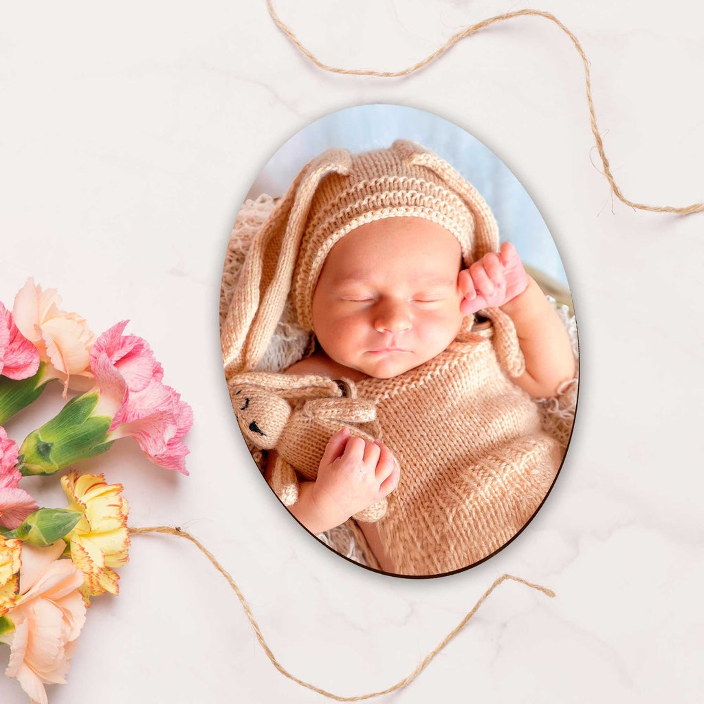 Custom photo refrigerator magnet displaying personalized engagement save the date details and baby shower announcement — view 5