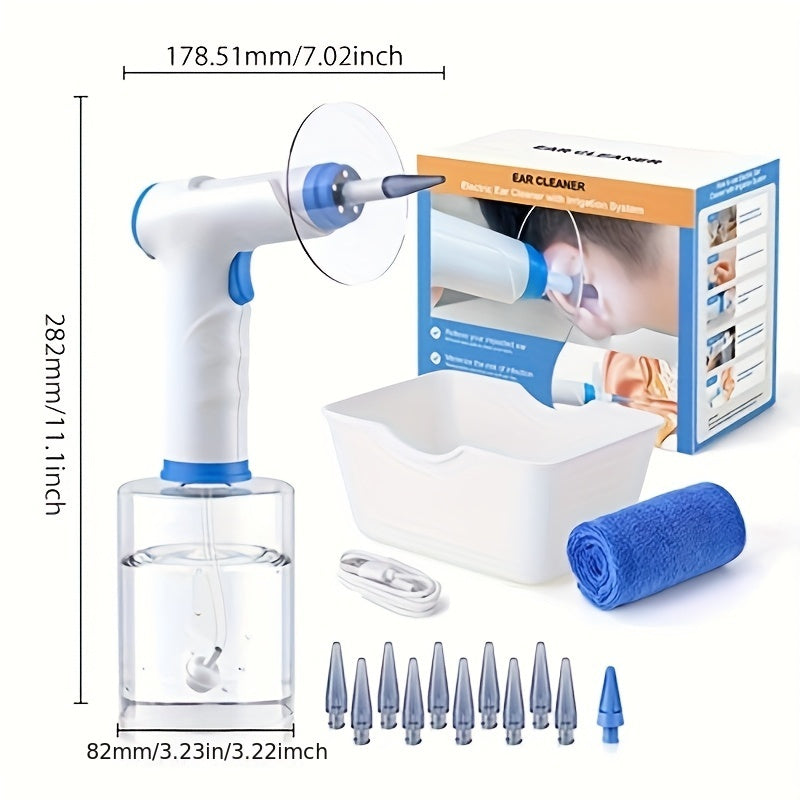 Electric hydraulic ear irrigation system kit in sky blue with ten interchangeable nozzles and catch basin — view 4