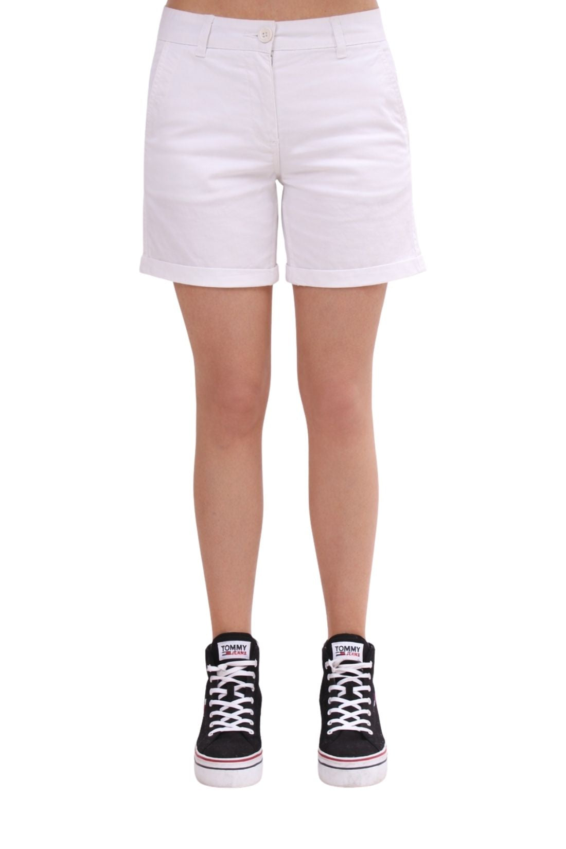Women's white stretch cotton chino shorts with cuffed hem and side pockets