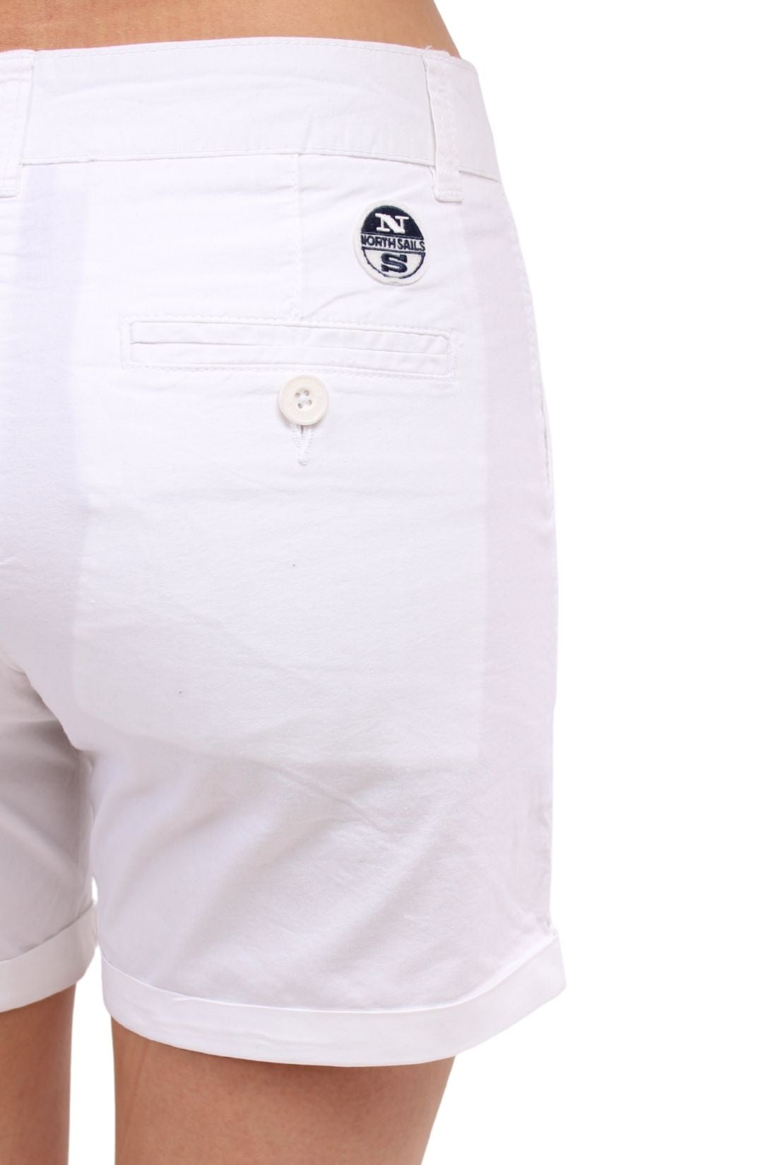 Women's white stretch cotton chino shorts with cuffed hem and side pockets — view 4