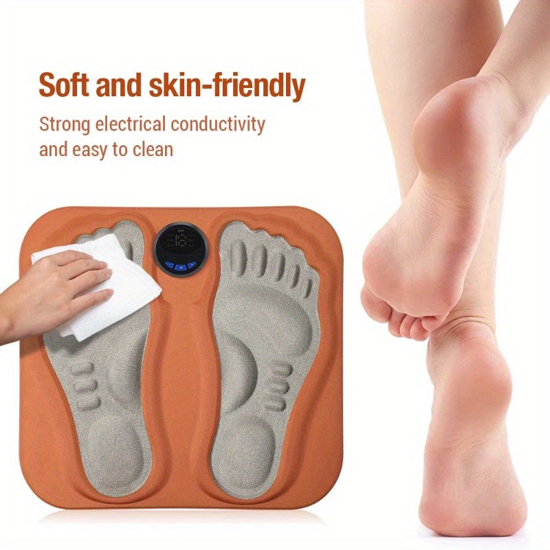 Orange rechargeable 3D foot massager pad with foldable acupressure mat design and digital LCD controller — view 5