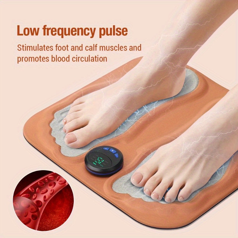 Orange rechargeable 3D foot massager pad with foldable acupressure mat design and digital LCD controller — view 3