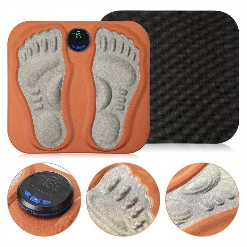 Orange rechargeable 3D foot massager pad with foldable acupressure mat design and digital LCD controller — view 4