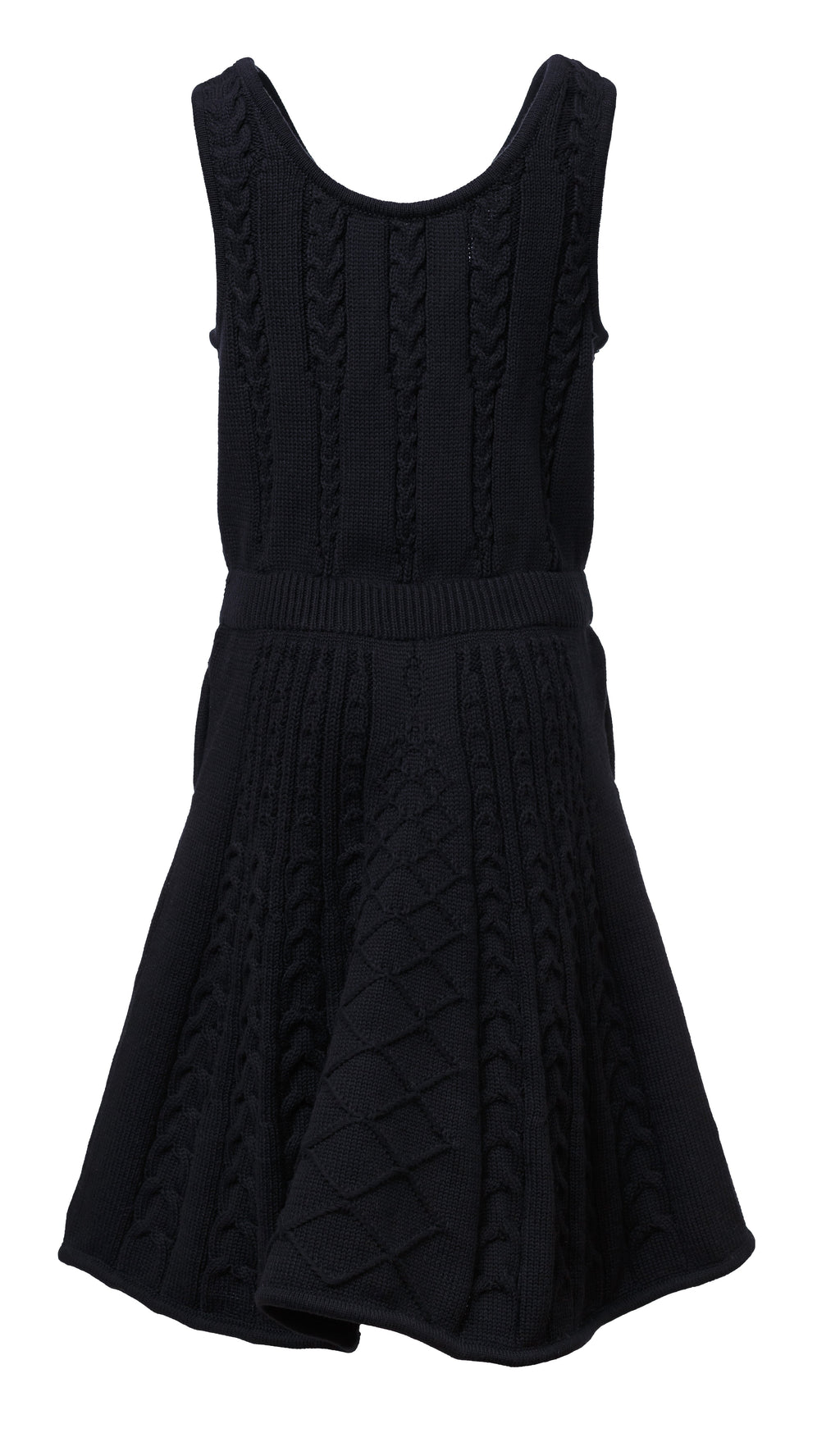 Black cable knit dress for girls in sleeveless midi style with organic cotton and drawstring waist — view 2
