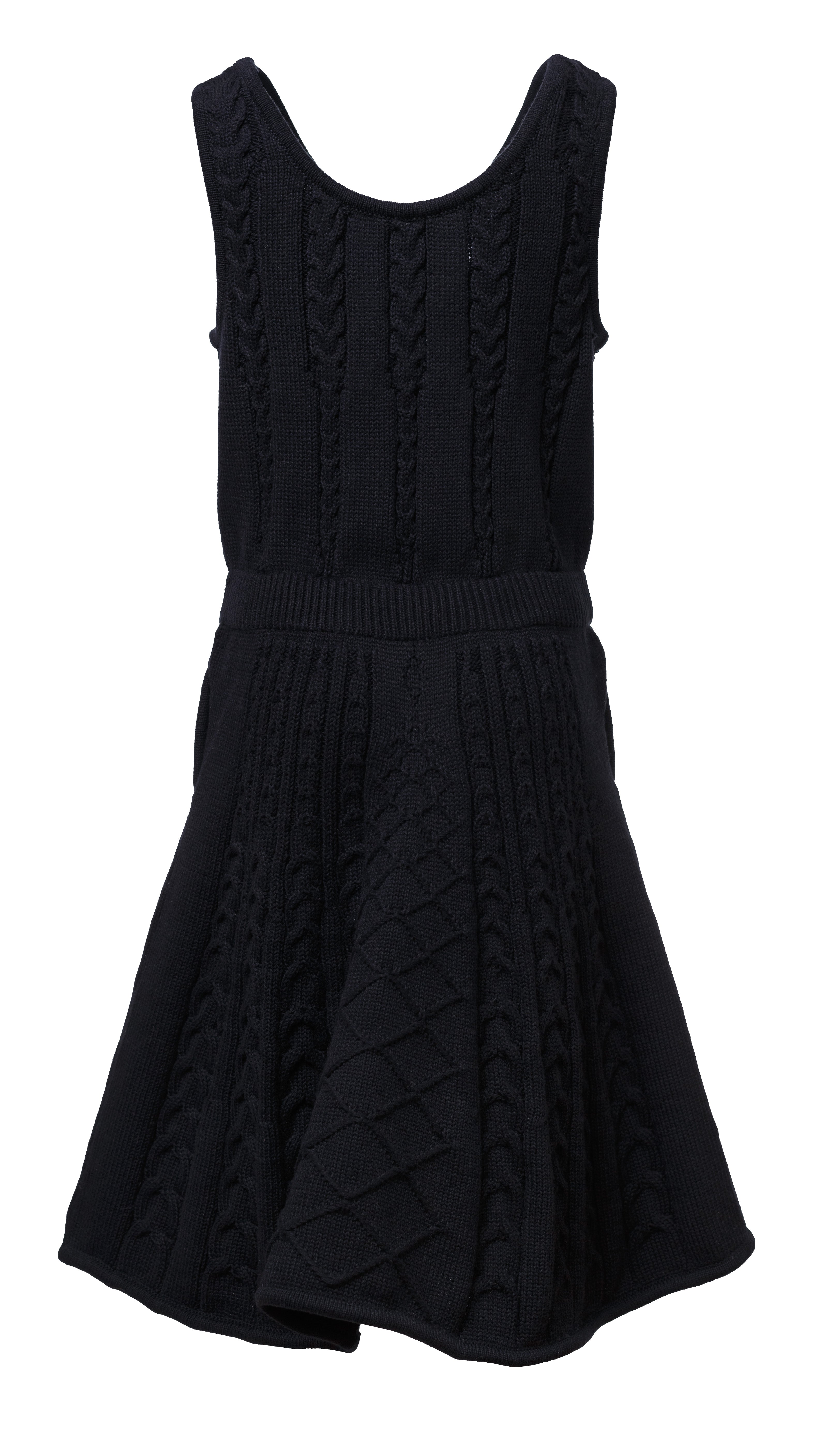 Black cable knit dress for girls in sleeveless midi style with organic cotton and drawstring waist — view 2