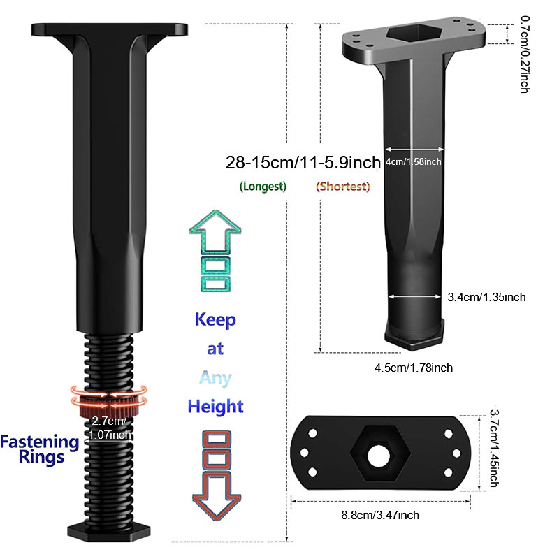 Four black adjustable plastic bed frame support legs for stabilizing king and queen mattresses — view 3