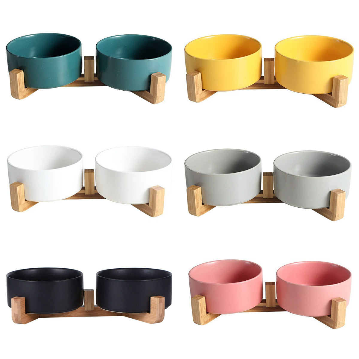 Double ceramic pet feeding bowls on an elevated wooden bamboo stand in stylish modern colors — view 2