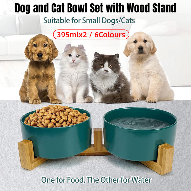 Double ceramic pet feeding bowls on an elevated wooden bamboo stand in stylish modern colors