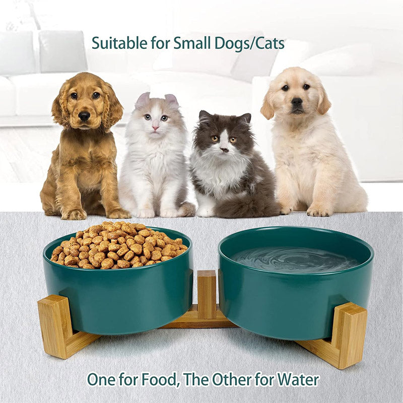 Double ceramic pet feeding bowls on an elevated wooden bamboo stand in stylish modern colors — view 4