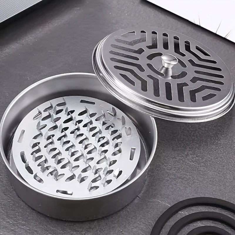 Silvery stainless steel portable mosquito coil burner with a decorative cutout design for outdoor use — view 4