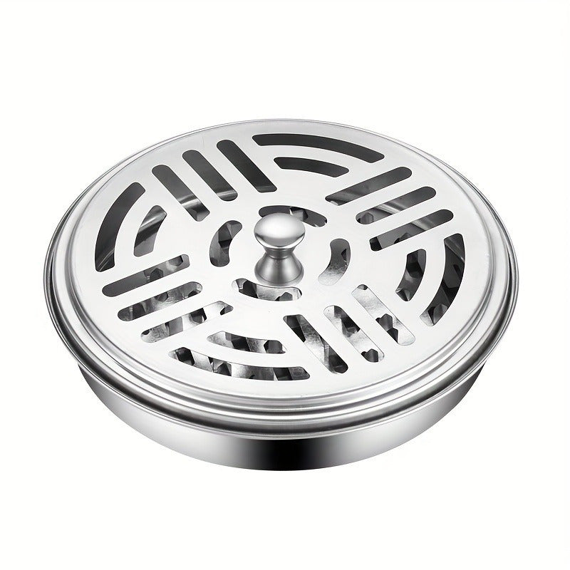 Silvery stainless steel portable mosquito coil burner holder with a decorative compact circular design