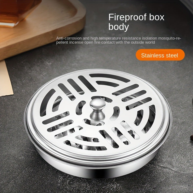 Silvery stainless steel portable mosquito coil burner holder with a decorative compact circular design — view 2