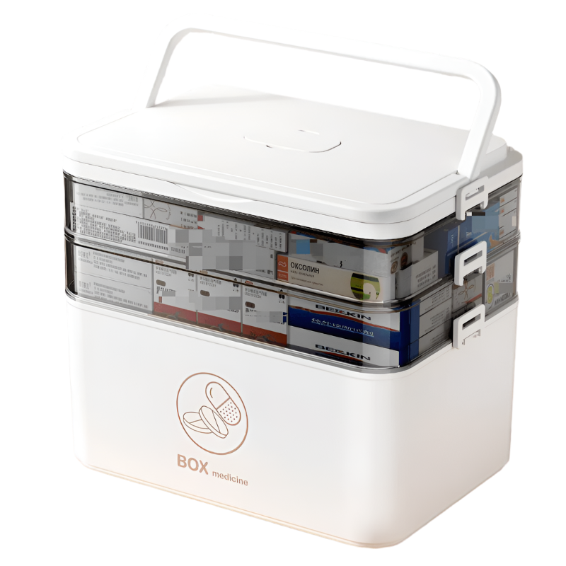 Large white plastic waterproof medicine storage box with transparent lid and secure clip-on closure