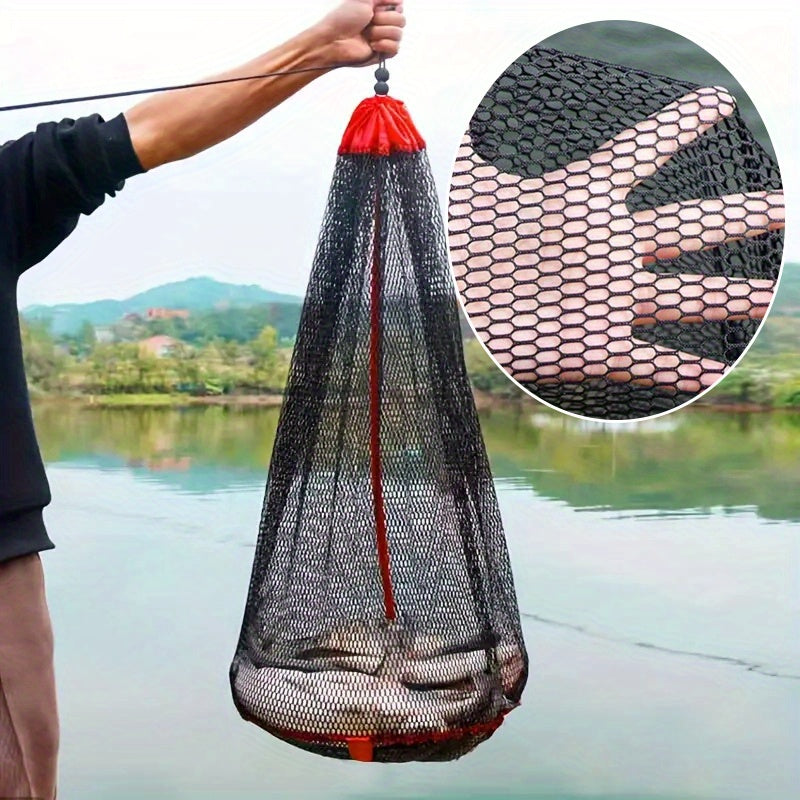 Black nylon fishing net bag with handle, mesh drainage design for snorkeling gear and fish — view 3