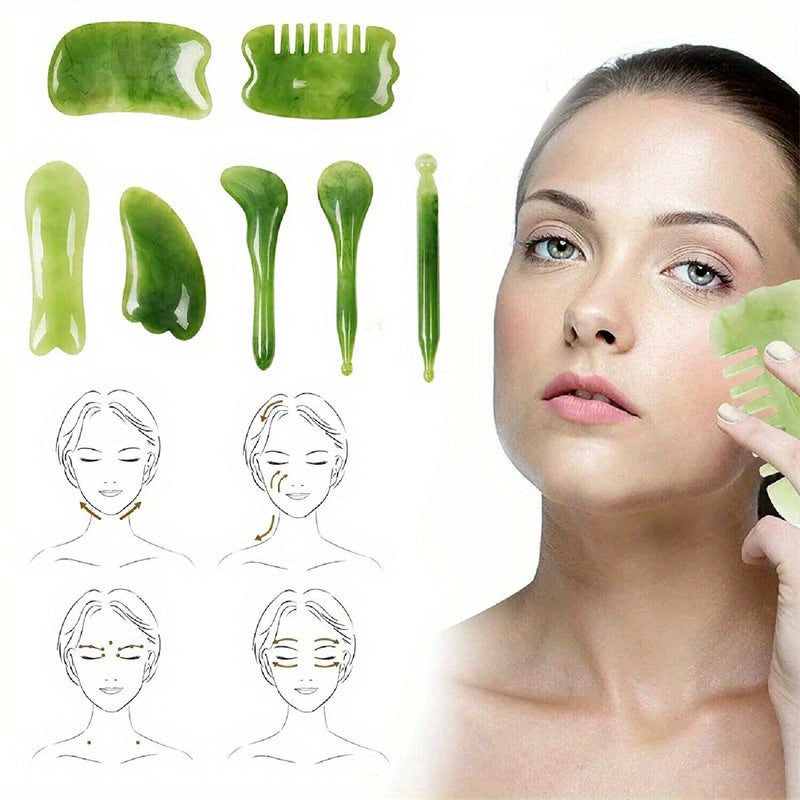 7-piece green resin Gua Sha scraping massage tool set for face back and neck relaxation — view 5