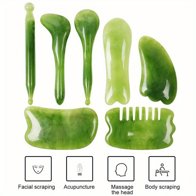 7-piece green resin Gua Sha scraping massage tool set for face back and neck relaxation — view 3