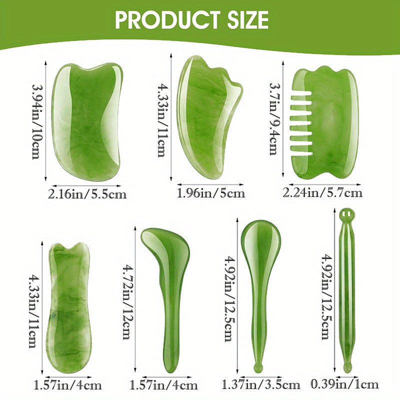 7-piece green resin Gua Sha scraping massage tool set for face back and neck relaxation — view 2