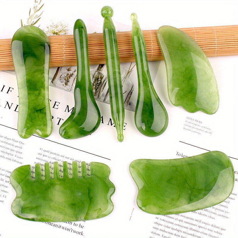 7-piece green resin Gua Sha scraping massage tool set for face back and neck relaxation — view 4
