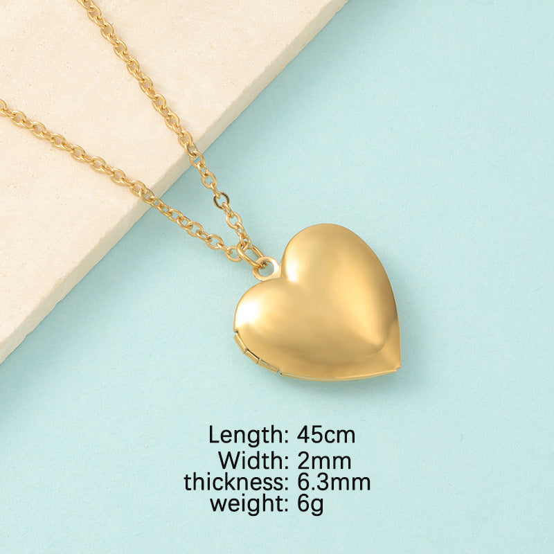 Heart shaped stainless steel mirror necklace with DIY photo frame locket on a neutral background — view 4