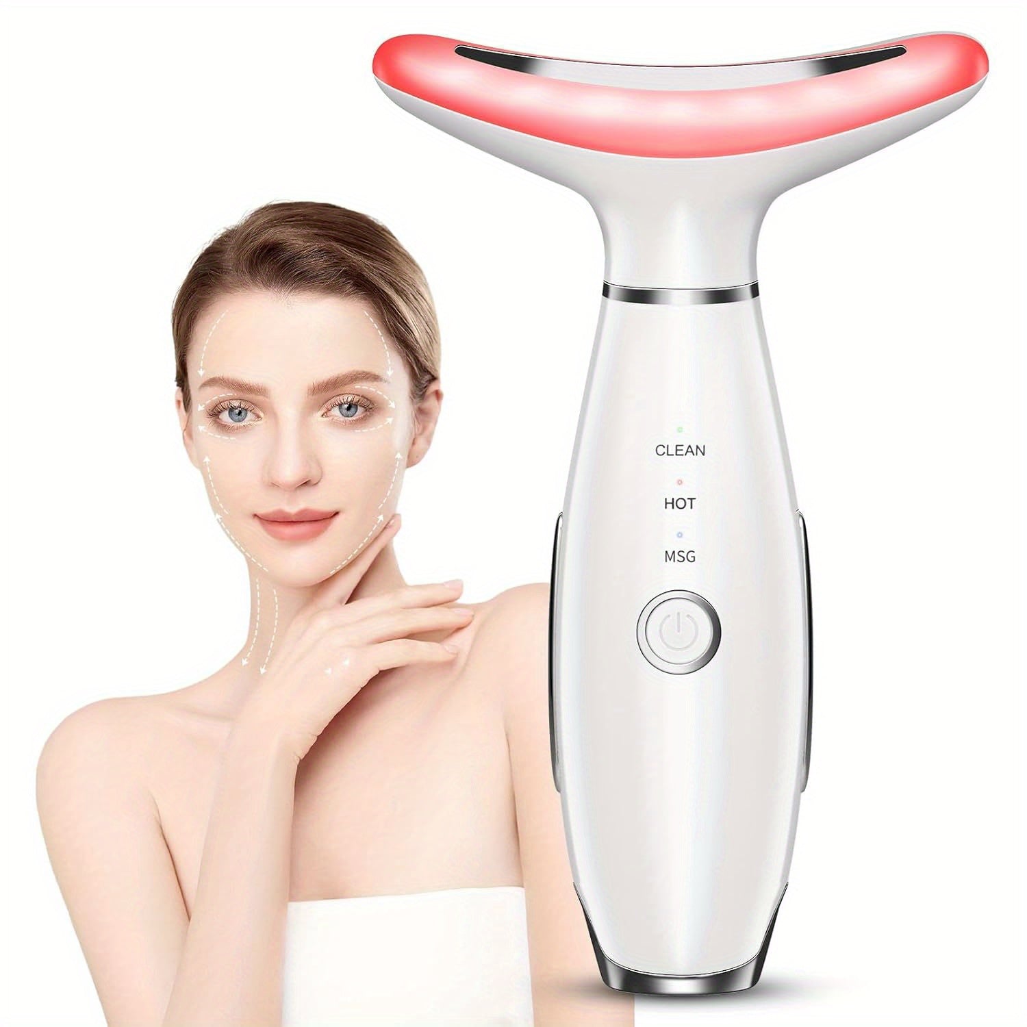 White USB rechargeable facial and neck massager featuring LED light therapy for skin rejuvenation. — view 3