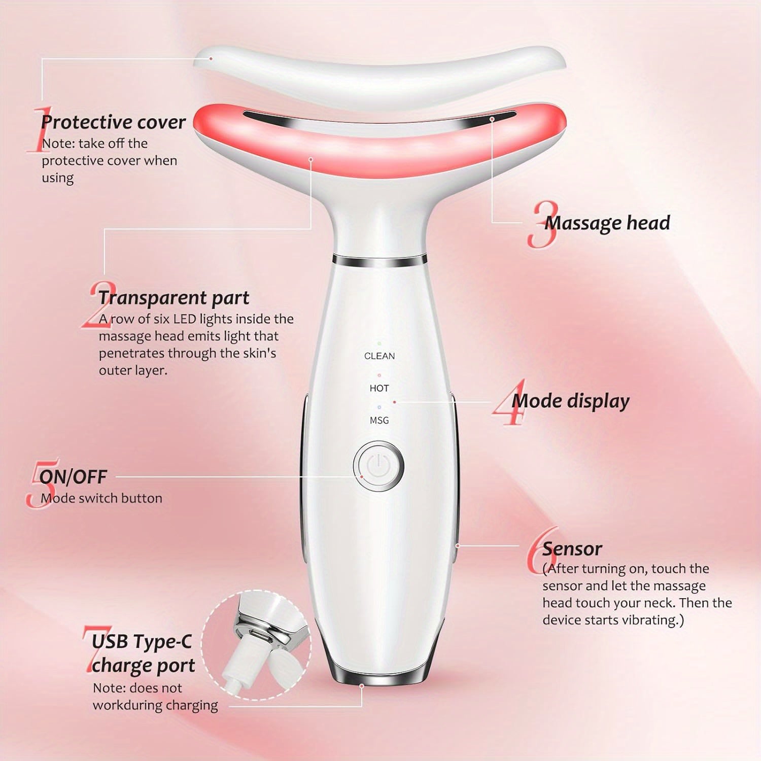 White USB rechargeable facial and neck massager featuring LED light therapy for skin rejuvenation. — view 4
