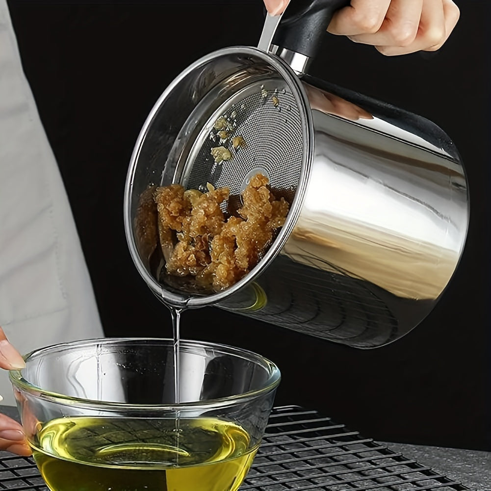 Stainless steel grease keeper with handle and fine mesh strainer for cooking oil — view 3