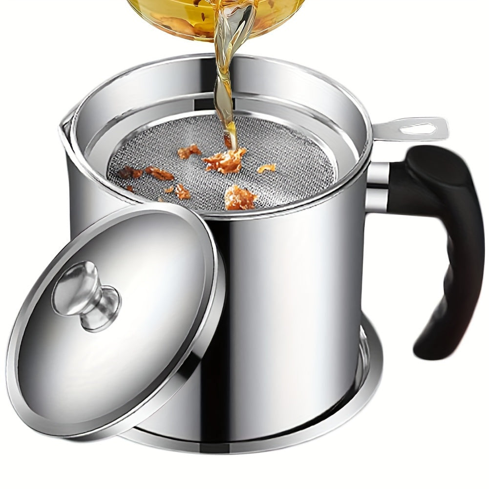 Stainless steel grease keeper with handle and fine mesh strainer for cooking oil — view 2