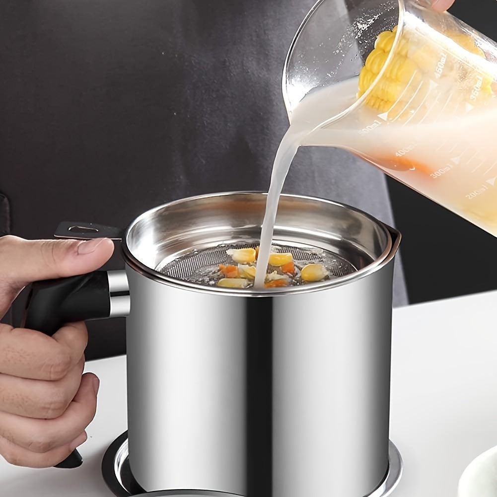 Stainless steel grease keeper with handle and fine mesh strainer for cooking oil — view 5