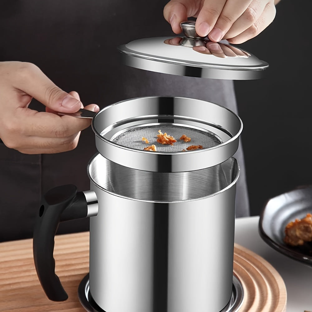 Stainless steel grease keeper with handle and fine mesh strainer for cooking oil — view 4