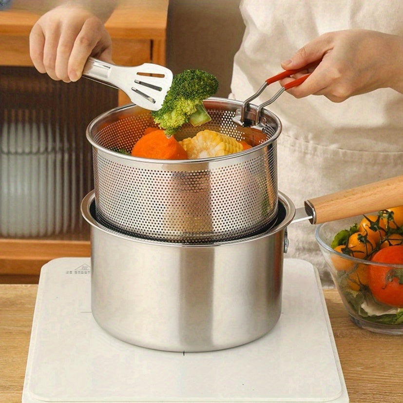 4-in-1 stainless steel cookware set with saucepan, glass lid, and deep frying mesh basket — view 3