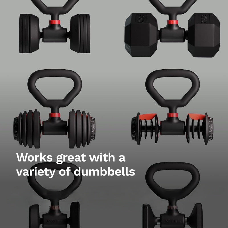 Black and red dumbbell to barbell and kettlebell converter made of durable ABS material. — view 2