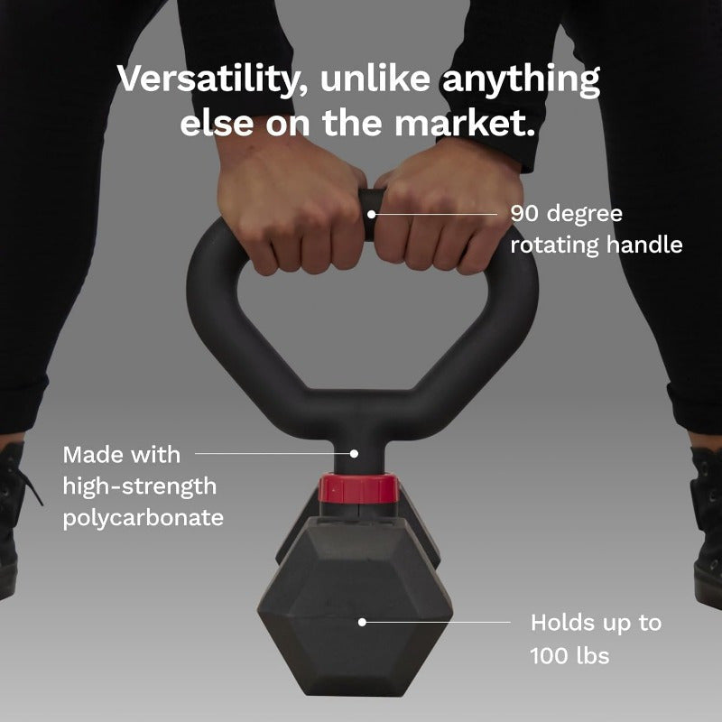 Black and red dumbbell to barbell and kettlebell converter made of durable ABS material. — view 4
