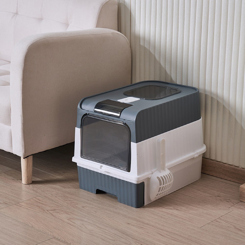 Extra large gray enclosed cat litter box with dual entry design and built-in cleaning scoop — view 5