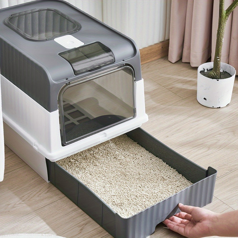 Extra large gray enclosed cat litter box with dual entry design and built-in cleaning scoop — view 3