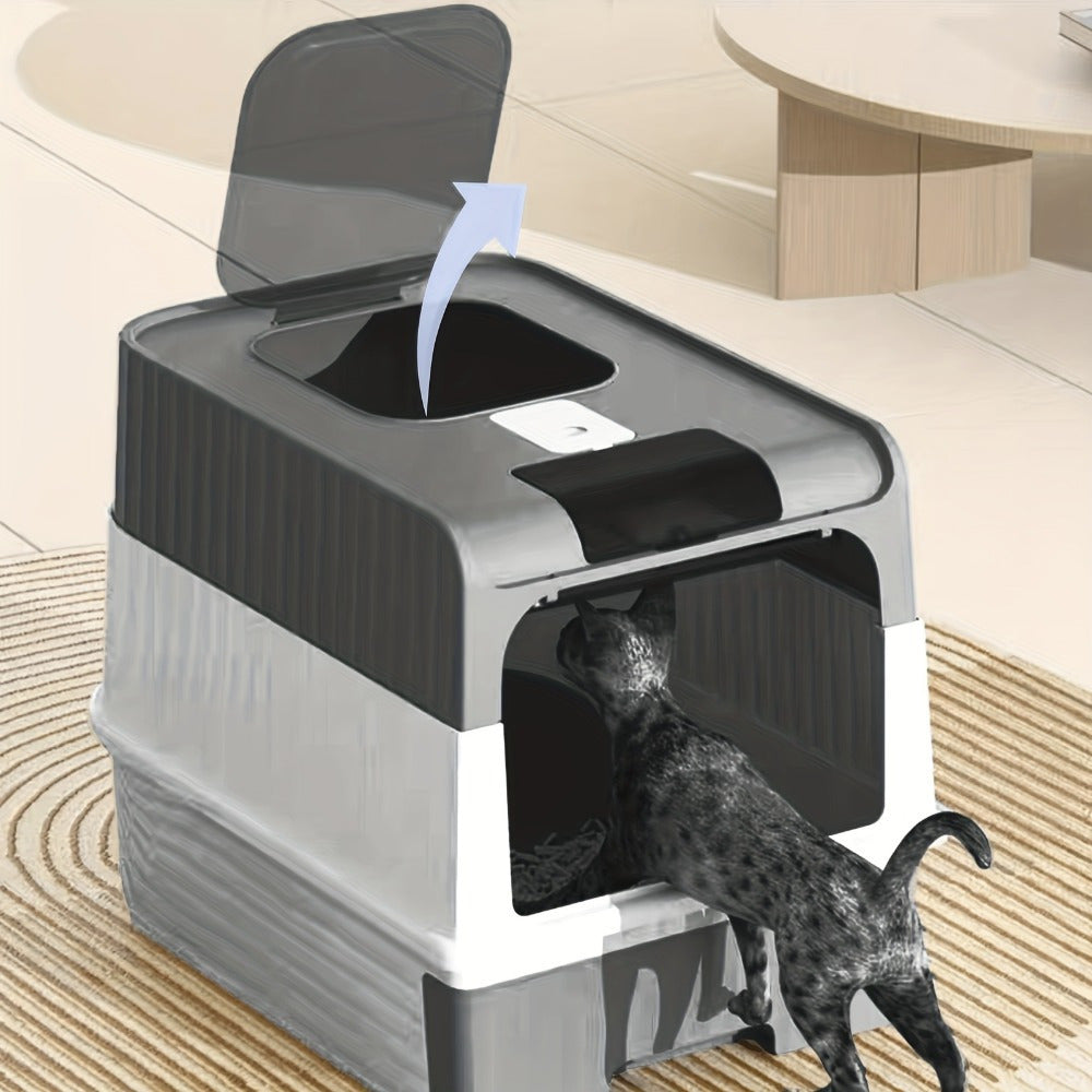 Extra large gray enclosed cat litter box with dual entry design and built-in cleaning scoop — view 2