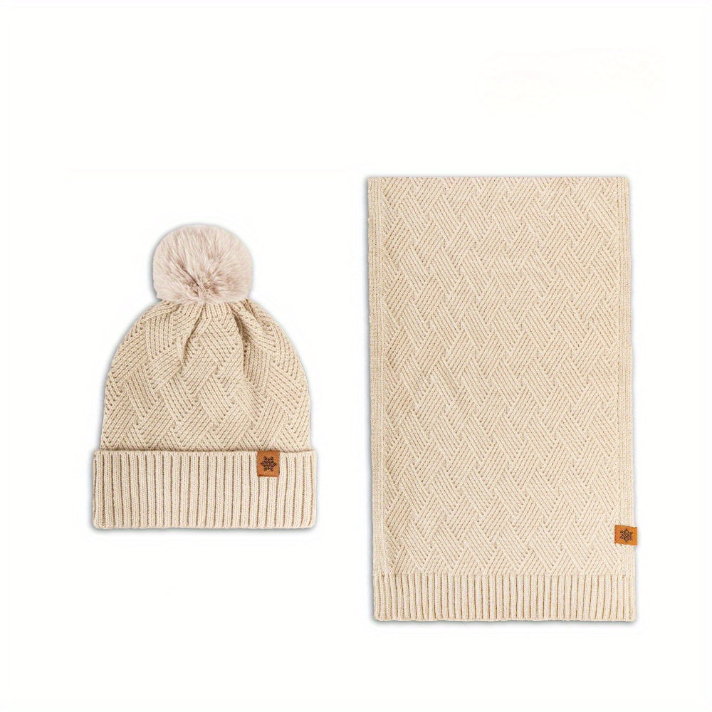 Women's beige winter cashmere hat and scarf set in a luxurious soft knit finish — view 2