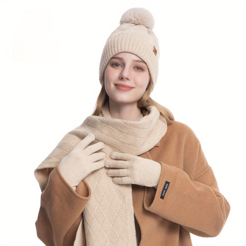 Women's beige winter cashmere hat and scarf set in a luxurious soft knit finish — view 3
