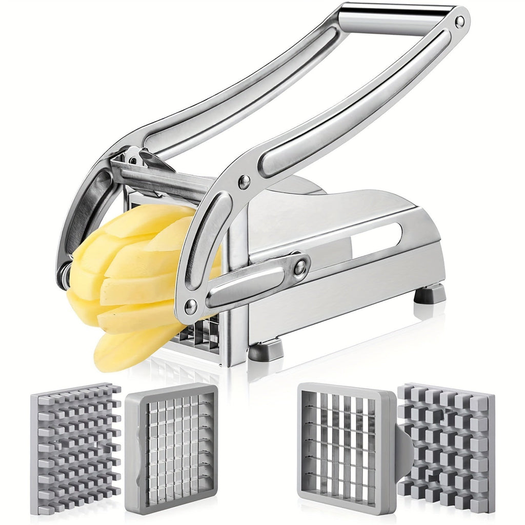 Stainless steel manual vegetable chopper in silvery grey for slicing potatoes and fresh vegetables