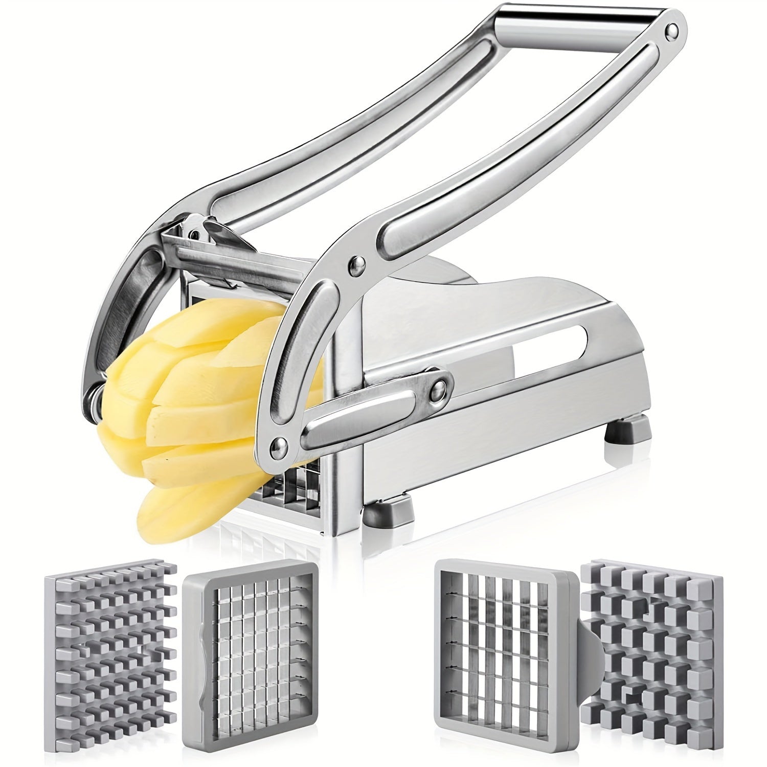 Stainless steel manual vegetable chopper in silvery grey for slicing potatoes and fresh vegetables
