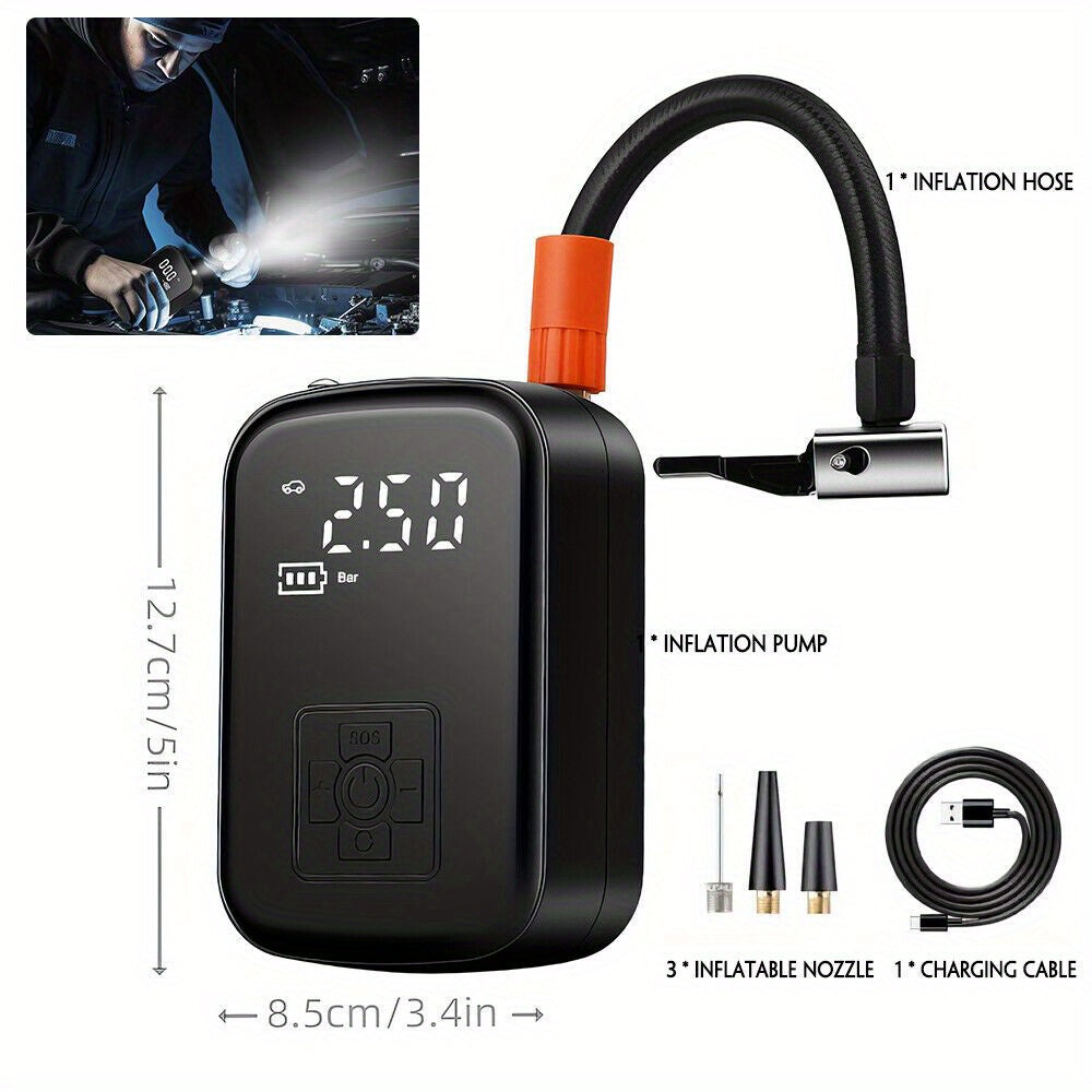 Portable cordless tire inflator device with digital display, buttons, and flexible air hose. — view 2
