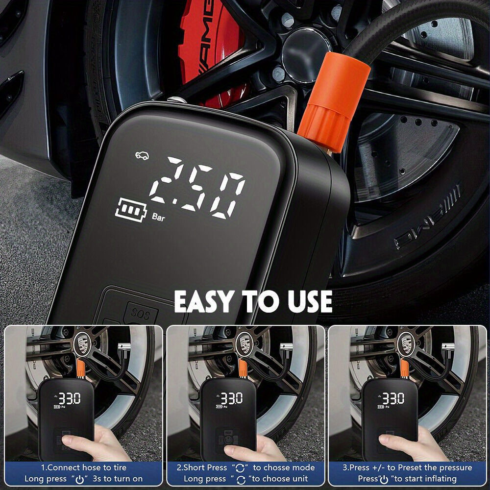 Portable cordless tire inflator device with digital display, buttons, and flexible air hose. — view 3
