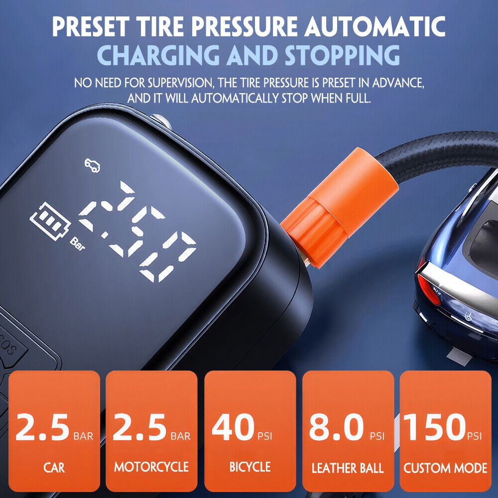 Portable cordless tire inflator device with digital display, buttons, and flexible air hose. — view 5