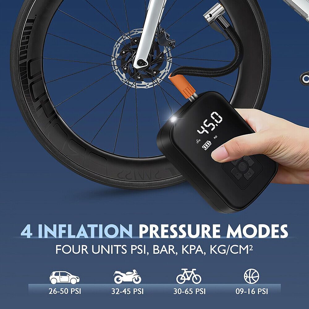 Portable cordless tire inflator device with digital display, buttons, and flexible air hose. — view 4