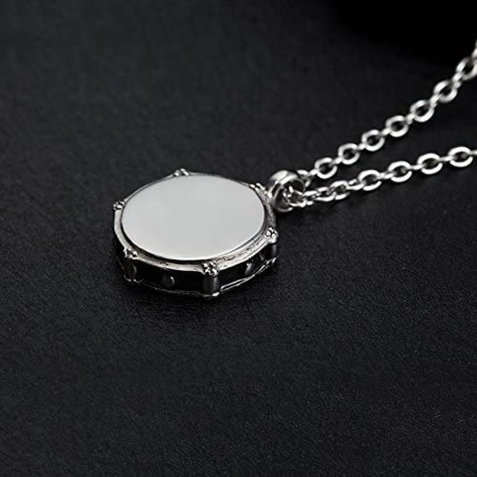 Silver metal snare drum charm necklace and matching drumsticks keychain for musicians — view 5