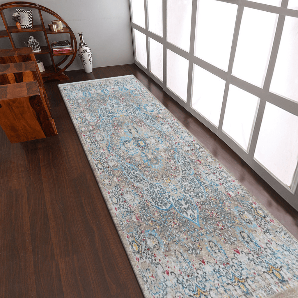 Rugsotic machine woven oriental runner rug in elegant beige and black polyester, 2'6'' by 9'10'' — view 2